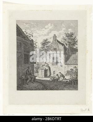 Courtyard by husband and wife, and children playing courtyard by man smoking pipe on bench and woman boiler fills with water from a well. Two children playing with a dog that pulls on the rope of a vlieger. Manufacturer : printmaker John Alexander Rudolf Best Place manufacture: Amsterdam Date: 1807 - 1855 Physical features: etching on chine collé Material: paper chine collé Technique: etching Dimensions: plate edge: H 269 mm × b 223 mmToelichtingCollectie de la Faille Subject: façade or inner court drinks, stimulants, drugs (+ taking (particular) foodstuffs: eating, drinking, smoking, chewing, Stock Photo