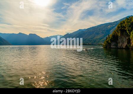 Sunset on Lake Como seen from Villa del Balbianello in Lenno, Lombardy, Italy Stock Photo