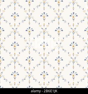 French shabby chic damask vector texture background. Dainty flower in blue and yellow on off white seamless pattern. Hand drawn floral interior home Stock Vector