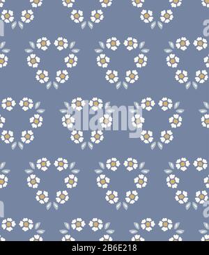 French shabby chic damask vector texture background. Dainty flower daisy blue off white seamless pattern. Hand drawn floral circle. Interior home Stock Vector