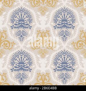 French shabby chic damask vector texture background. Antique white yellow blue flourish seamless pattern. Hand drawn floral interior wallpaper home Stock Vector