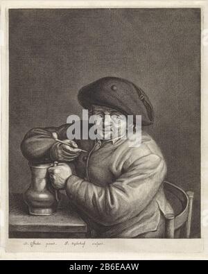 Farmer with pipe and bottle in hand on a table a farmer sits a table with a pipe and bottle in the handen. Manufacturer : printmaker: Jonas Suyderhoef (listed property) to painting: Adriaen van Ostade (listed property) Place manufacture: Haarlem Dating: ca. 1623 - 1686 Physical features : car material: paper Technique: engra (printing process) Dimensions: plate edge: h 221 mm × W 179 mm Subject:  tobaccojar pipe, jug (used as drinking-vessel) Stock Photo