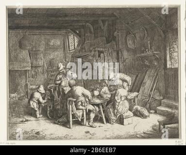 Farmers with a meal at an inn breakfast in a cluttered room in a hostel, use four men and a woman a meal. The booze flows freely and the men smoking pipe. A boy helps a small child drinking from a jug. On the floor of playing cards, a broken pipe, and an empty can. Originally, under this idea a Latin verse of the poet Tibull in two lines: Securae reddamus tempora refectories / venit post multos una serena dies. However, the strip with text is afgesneden. Manufacturer : print maker: Amsterdam At (indicated on the object) to drawing of: Amsterdam At Location manufacture: Haarlem Date: 1647 - 165 Stock Photo