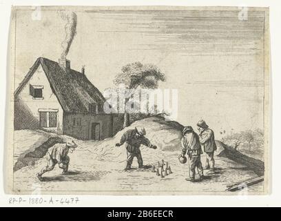Farmers in bowling A group of four farmers for a house on the kegelen. Manufacturer  : to print by: Quirin Boel to design: David Teniers (II) printmaker: anonymous place Manufacture: unknown date: 1635 - 1718 Physical features: etching material: paper Technique: etching dimensions: sheet: h 110 mm × W 152 mm Subject: nine pins, skittles Stock Photo