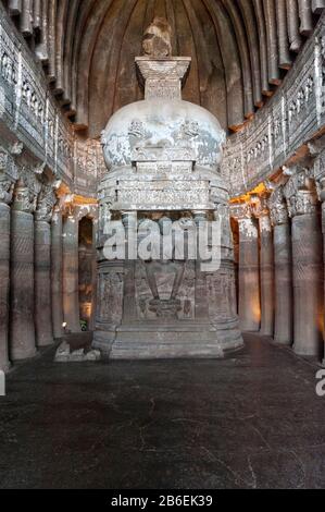 Interiors of cave 26, Ajanta Caves, Aurangabad, Maharashtra, India Stock Photo