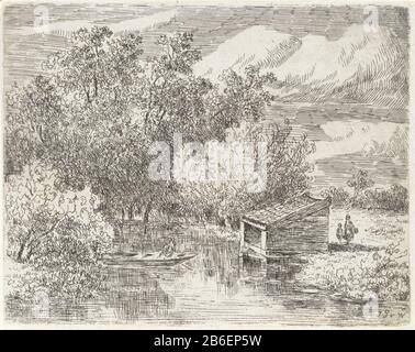 Boathouse on a river Right a boathouse on a river. The river is a man in a rowboat. Behind the boathouse is a woman with a kind. Manufacturer : printmaker John Pieter van Wisselingh (listed property) Place manufacture: Netherlands Date: 1830 - 1878 Physical features: etching material: paper Technique: etching Dimensions: plate edge: H 100 mm × W 125 mm Subject: riverboat-house, shedrowing-boat, canoe, and etc. Stock Photo