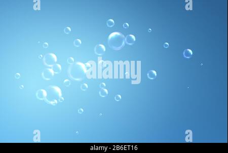 Realistic soap bubbles on blue background. Vector illustration Stock Vector