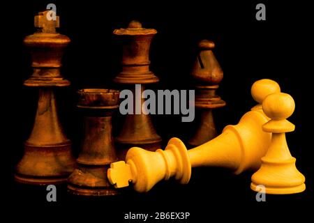 White team surrender to Black team at the end of the game. Two standard chess wooden pieces on black background Stock Photo