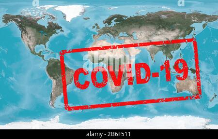 Coronavirus epidemic, stamp COVID-19 on global map. Novel coronavirus outbreak in China, the spread of corona virus in the World. COVID-19 pandemic co Stock Photo