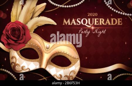 Gold masquerade mask with feather and roses for party night on burgundy red background, 3d illustration Stock Vector