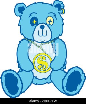 Line art bear with a large chain & dollar sign meddle siting down Stock Vector