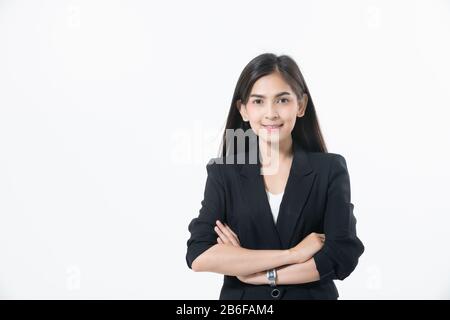 Asian business women are smiling and working happy on white background Stock Photo