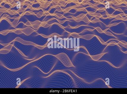 3D rendering orange wireframe wave in darkness blue background. Concept of old or vintage technology network. Stock Photo