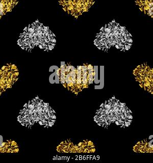 Seamless pattern golden and silver hearts made of flower petals isolated, black background, shiny metal heart shape repeating ornament, vintage print Stock Photo