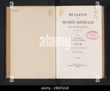 Bulletin de la Société des Naturalistes Impériale de Moscou (title object) Object Type: Book Item number: RP-F 2001-7-960 Inscriptions / Brands: annotation for flat handwritten 'Jan 1998'opschrift, first flyleaf verso, stamped 'checked' collector's mark  second front cover, stamped' Chemical Society / Reference Library / Burlington House, W.'Vervaardiging Dating: 1893 Material: paper cardboard textile technology: printing / copying / heliogravure / lithography (technique) Dimensions: h 230 mm × W 165 mm × d 43 mm Stock Photo