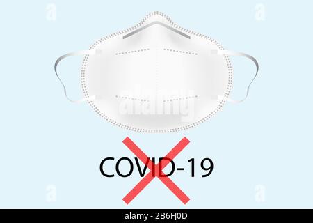3D vector respiratory mask with covid-19 text and red cross on a light blue background Stock Vector