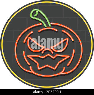 Retro style illustration showing a 1990s neon sign light signage lighting of Halloween jack-o-lantern pumpkin grinning, laughing on black brick wall Stock Vector