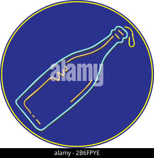 Retro style illustration showing a 1990s neon sign light signage lighting of a champagne wine bottle dripping or pouring liquid on blue circle on isol Stock Vector