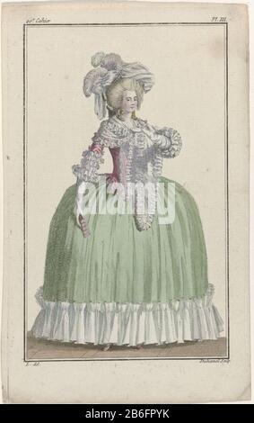 Cabinet of modes or methods News, September 1, 1786, PlIII Woman in a hofjapon consisting of a bodice of pink taffeta and skirt apple green taffeta. To this a transparent small shoulder mantle of tulle, deposited with wrinkled strips. Accessories: tulle hat with feathers and beads, earrings, long gloves, fold range. The picture is part of the 20th Cahier from Cabinet des Modes ou les Modes Nouvelles. The series consists of 72 fashion prints, published by Buisson, Paris, November 15, 1785 - November 1 1786. Manufacturer : printmaker: A. B. Duhamel (indicated on object) to drawing by: L (indicat Stock Photo