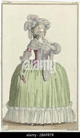 Cabinet of modes or methods News, September 1, 1786, plIII Woman in a hofjapon consisting of a bodice of pink taffeta and skirt apple green taffeta. To this a transparent small shoulder mantle of tulle, deposited with wrinkled strips. Accessories: tulle hat with feathers and beads, earrings, long gloves, fold range. The picture is part of the 20th Cahier from Cabinet des Modes ou les Modes Nouvelles. The series consists of 72 fashion prints, published by Buisson, Paris, November 15, 1785 - November 1 1786. Manufacturer : printmaker: A. B. Duhamel (indicated on object) to drawing of: Monogrammi Stock Photo