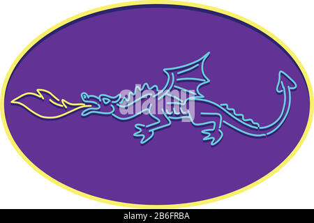 Retro style illustration showing a 1990s neon sign light signage lighting of a medieval dragon breathing fire set in oval on isolated background. Stock Vector