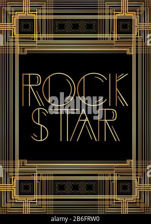Art Deco Rock Star text. Golden decorative greeting card, sign with vintage letters. Stock Vector