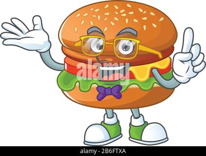 Super Funny hamburger in nerd mascot design style Stock Vector