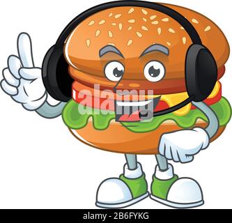 An attractive hamburger mascot character concept wearing headphone