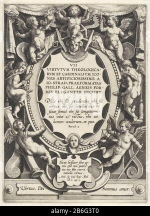 Cartouche with series title, surrounded by putti Seven Deugden (series title) VII Virtvtvm Theologicarvm et Cardinalivm Icones Artificiosissime () (series title object) Series Title vijfregelig and a Bible quote from Bar. Three in Latin, in a cartouche surrounded by putti with the attributes of the three theological and the four cardinal virtues. Under the cartouche a framework with four lines in Latijn. Manufacturer : printmaker: Jerome Who: rixnaar own design: Stradanus (listed building) publisher: Philip Galle (listed property) Place manufacture: Antwerp Date: 1563 - for 1612 Physical featu Stock Photo