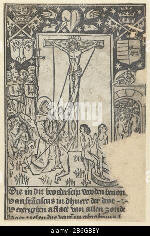 Christ on the cross with St. Francis and the last judgment St. Francis kneeling before Christ crucified on his right hand and receives the stigmata. Behind Franciscus able fraternity. The front brother holds with both hands a crucifix. Left on the picture people rise from the dead and go on the right inside the gates of heaven. Top of the picture are the pierced heart, hands and feet of Christ and shows a papal coat of arms on both sides. Right arm of Pope Alexander VI, left to Pope Julius II. Below the image is a four-line onderschrift. Manufacturer : print maker: anonymous location manufactu Stock Photo