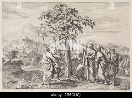 Christ and the sign of the fig tree Christ stands with his disciples in a withered fig tree. He puts his apostles that he cursed the tree because it has no fruit gegeven. Manufacturer  him printmaker Jan Luyken Publisher: Pieter Mortier (I) Place manufacture: Amsterdam Date: 1700 Physical features: etching; proofing material: paper Technique: etching Dimensions: sheet: H 144 mm × W 206 mmToelichtingProefdruk a book illustration for David Martin. History of the Old and New Testament, verrykt with more than four hundred prints imaginations. Part II. Amsterdam: Pieter Mortier, 1700. Subject: the Stock Photo