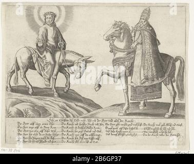 Christ on the donkey, the Pope paardSihe an Christum Diss Bilde right Who: reit der Herr und auch der Knecht (title object) Object type: picture Item number: RP-P-OB-78.846Catalogusreferentie: FMH 439-cNote: color description: Christ on the donkey, the pope on horseback. Comparison between the humility of Christ and the pride of the Pope. With signature of two times two columns of 6 and 4 lines in German Where: appointed to the differences between Christ and the Pope. Cartoon on the pope and the Roman Church, themes of approx 1560. Manufacturer : printmaker: anonymous place manufacture: German Stock Photo