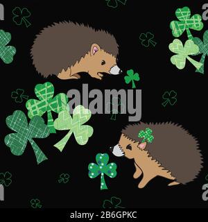 Hedgie and Shamrock, seamless repeat vector pattern hedgehog smelling shamrocks on black background Stock Vector