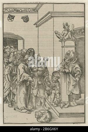 Christ voor Kajafas then priceps priest tore his clothes, saying blasphemy  (titel op object) Christ, held by soldiers before Caiaphas. Right To hond.  Manufacturer : printmaker: Gaspar Huybrechts (listed building) printmaker  Joannes