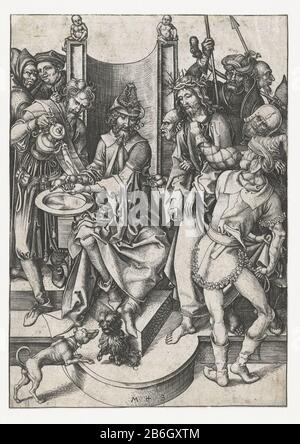 Christ before Pilate The Passion (series title) Christ stands, the crown of thorns head and surrounded by armed men, next to a man on a throne (Pilate). This washes his hands in a dish. This print is part of a series of twelve prints depicting scenes from the Lijdensverhaal. Manufacturer : printmaker Martin Schongauer (listed property) Place manufacture: Germany Date: 1470 - 1490 Physical features: car material: paper Technique: engra (printing process) Dimensions: sheet: h 162 mm × W 115 mm Subject: Pilate washing his hands (in innocence) Stock Photo