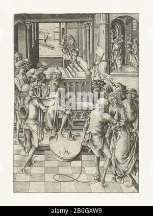 Christ before Pilate The Passion (series title) Christ is the crown of thorns on his head and surrounded by armed men, a man on a throne (Pilate). This washes his hands in a dish. This print is part of a series of twelve prints depicting scenes from the Lijdensverhaal. Manufacturer : printmaker: Israhel of Meckenem (listed property) Place manufacture: Bocholt (Germany) Date: 1455 - 1503 Physical features: car material: paper Technique: engra (printing process ) Measurements: sheet: h 203 mm × W 142 mm Subject: Pilate washing his hands (in innocence) Stock Photo