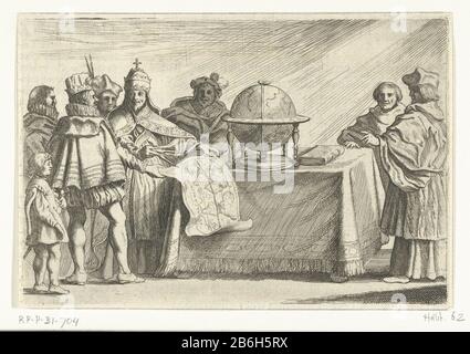 Columbus at Pope RP-P-BI-704 Christopher Columbus and present the pope with world map, in a table Where: on a globe . Other scholars attended, ca. 1500. Printed on the back with text in Nederlands. Manufacturer : printmaker Willem Bass Place manufacture: Northern Netherlands Date: 1632 - 1634 Physical features: etching and engra material: paper Technique: etching / engra (printing process) Dimensions : plate edge: h 106 mm × W 158 mmToelichtingIllustratie derived from: E. Herckmans, Der sea-vaertlof, JP Wachter, Amsterdam 1634, fol. 162.OnderwerpWie: Christopher Columbus Stock Photo