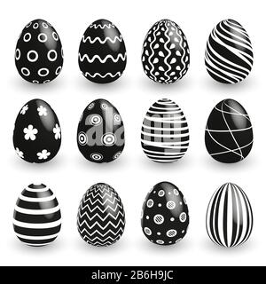 Black white Easter eggs on white background. Vector set for holiday Easter card Stock Vector