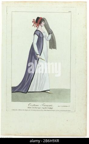 Woman walking to the right, dressed in a gown with train, 