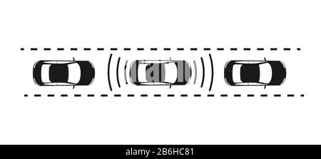 icon of the car with the radar gun a safe distance. Parking sensors on the car. The view from the top. Simple flat design for websites and apps Stock Vector