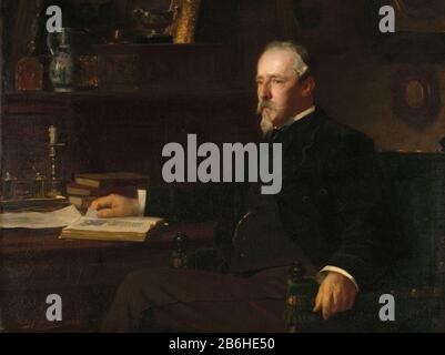 Portrait of Daniel Franks Dzn, banker and art collector and founder of the Royal Antiquarian Society and the Rembrandt Association. Kneepad, sitting at a desk with his right hand on an open book before him beaten. On the desk are more books, an inkstand and a kaars. Manufacturer : painter Willy Martens Date: 1888 Physical characteristics: oil on canvas material: oil canvas Dimensions: support: h 93.5 cm. B × 122.5 cm. external dimensions: 7.9 cm d. Stock Photo