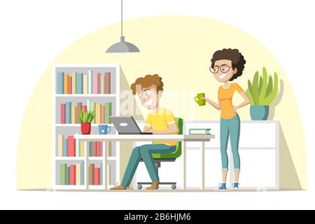 Young Team works in the office. Concept for workspace, web, background and templates. Vector illustration with separate layers. Stock Vector