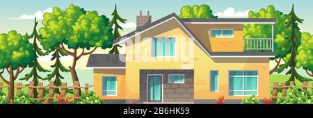 Seamless nautre background with house, trees, fence and flowers. Vector Illustrations with separate layers. Concept for banner, web background and templates. Stock Vector