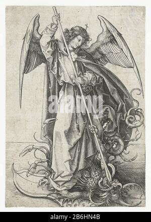 The Saint Michael defeats with a spear a devilish draak. Manufacturer : printmaker Martin Schongauer (listed property) Place manufacture: Germany Date: 1470 - 1490 Physical features: car material: paper Technique: engra (printing process) Dimensions: sheet: h 160 mm × W 112 mm Subject: the Archangel Michael fighting the dragon (devil, Satan) Stock Photo