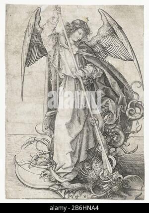 The Saint Michael defeats with a spear a devilish draak. Manufacturer : printmaker Martin Schongauer (listed property) Place manufacture: Germany Date: 1470 - 1490 Physical features: car material: paper Technique: engra (printing process) Dimensions: sheet: h 159 mm × W 114 mm Subject: the Archangel Michael fighting the dragon (devil, Satan) Stock Photo