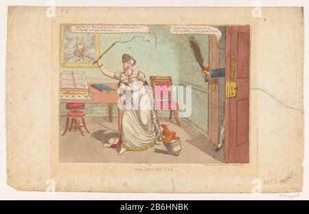 The Dutch toll, 1814 The Dutch Toy (title object) The Dutch toll, 1814The Dutch Toy (title object) Property Type: print cartoon Item number: NG-785-2Catalogusreferentie: FMH 5976-AOpmerking (added number RPK) Description: Cartoon on Willem Frederik George Lodewijk, prince of Orange-Nassau (later king William II), represented as a small figure sitting on top of a toll is beaten by the English princess Charlotte with a whip. A figure coming through the door on the right reaches the Princess a bundle of sticks in order to hit. Interior room with a piano and left above a painting of Cupid on his h Stock Photo