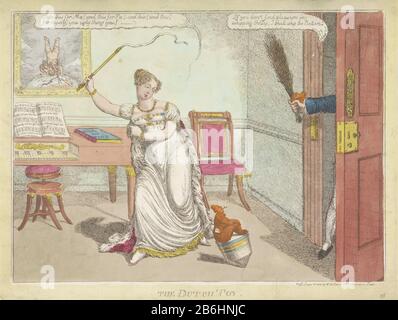 The Dutch toll, 1814 The Dutch Toy (title object) Cartoon of George William Frederick Louis, prince of Orange-Nassau (later king William II), represented as a small figure sitting on top of a toll is beaten by the English princess Charlotte with a whip. A figure coming through the door on the right reaches the Princess a bundle of sticks in order to hit. Interior room with a piano and left above a painting of Cupid on his head sits atop the globe. Charlotte was on June 16, 1814 her engagement to the Prince of Orange verbreken. Manufacturer : printmaker Charles Williams Publisher: William Holla Stock Photo