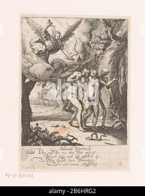 The expulsion from Paradise Adams Vertrib (title object) The Dodendans (series title) Adam and Eve by an angel with flaming heavy d expelled from Paradise. Besides Eva runs death skelet. Manufacturer : printmaker Rudolph Meyer Print Author: Conrad Meyer to design Rudolph Meyer Publisher: Johann Jakob Bodmer Date: 1650 Physical features: etching and text printing on the verso material: paper Technique: etching Dimensions: sheet: H 129 mm ( cut within the plate edge) × W 90 mm (cut off within the plate edge) Remarks Print from: Meyer, Rudolph. Sterbenspiegel, das ist sonne made Vorstellung man l Stock Photo