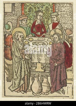 The Wedding at Cana Group of people at the table. Mary points Christ five empty kruiken. Manufacturer : printmaker: anonymous place manufacture: Netherlands Date: 1480 - 1500 Physical features: woodcut, hand colored in purple, red, orange, yellow, green, brown material: paper Technique: woodcut / hand color dimensions: image: h 114 mm × W 83 mmToelichtingEén of 46 woodcuts from Ludolph the Saxonia Tboeck vandan live our lord Jesu Christi, an anonymous Dutch translation. This version of the work by Ludolph contains woodcuts of the Master of Gouda (II), the Master of Antwerp (I) and the Master o Stock Photo