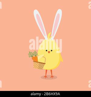 Baby chick holding a basket with carrots. Happy Easter concept Stock Vector
